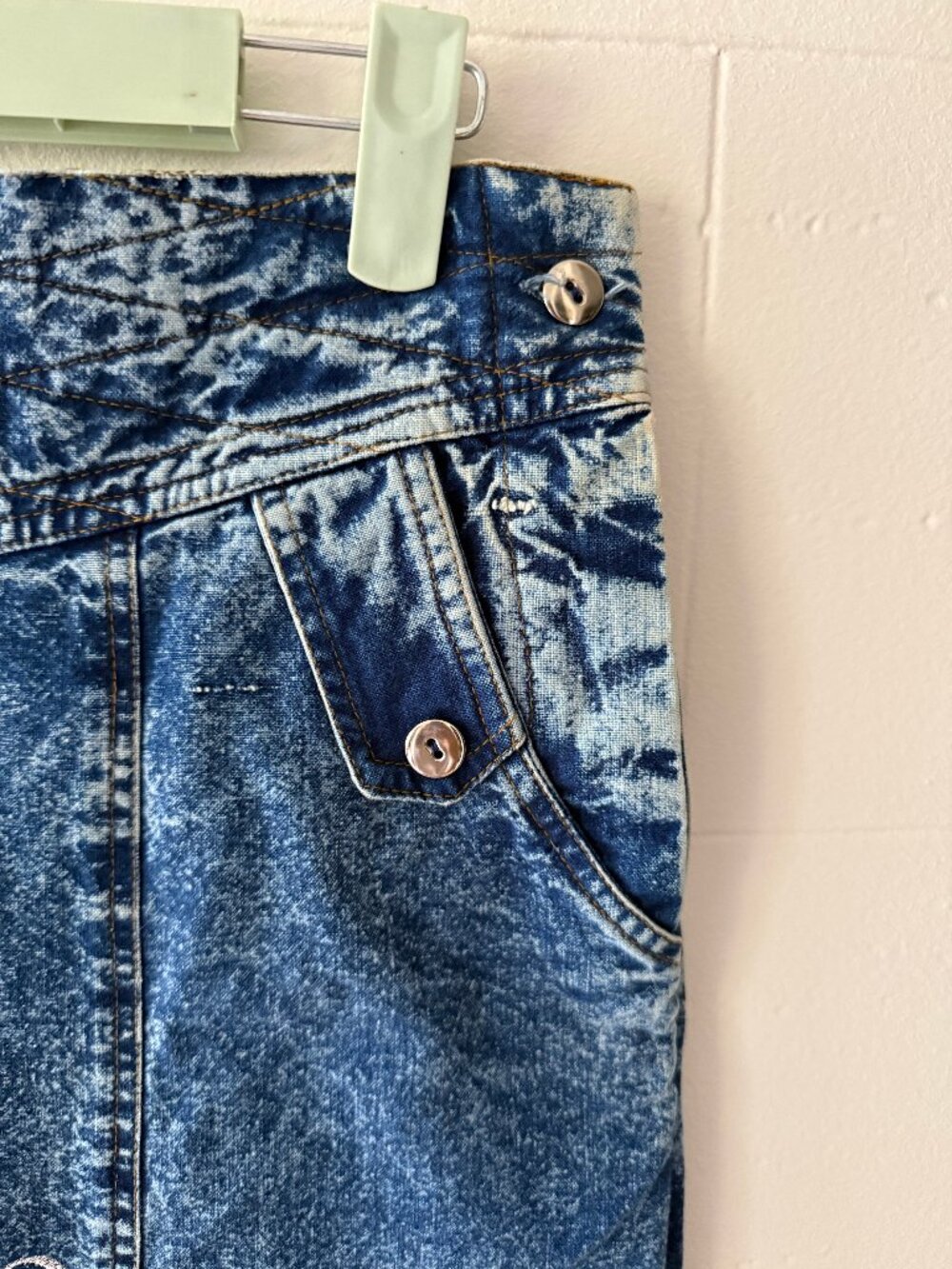 Vintage 80s Acid Wash Embroidered Floral Front Denim Midi Skirt | Small - Picture 6 of 16